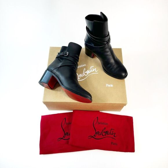 CHRISTIAN LOUBOUTIN Karistrap Black Ankle Boot Size 38.5 Block Heel Buckle Strap - Picture 3 of 14